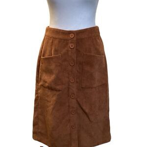 Vintage Style Brown‎ Corduroy Button-Front Midi Skirt w/ Pockets Retro A-Line